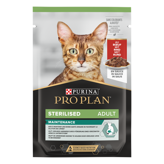 07613034587695_C1N1_44185981 Purina Pro Plan - Sterelised Adult Maintenance Cat Wet Food - Beef in Gravy - Shaking Tails