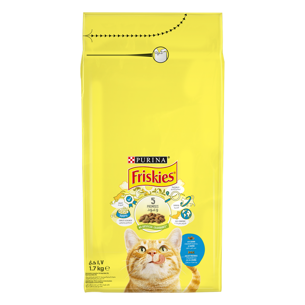 07613036053082_C1N2_FriskiesCatwithSalmon1.7kg_44064268 Purina FRISKIES with Salmon & Vegetables Dry Cat Food - Shaking Tails