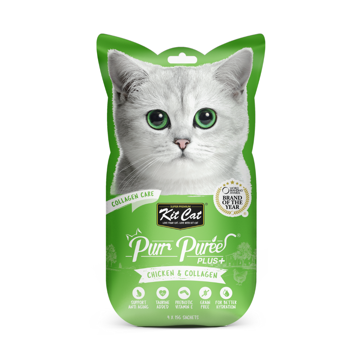 5.1.3DNEW_PURR-PUREE-FRONT_CHICKENCOLLAGEN Kit Cat Purr Puree Plus+ Chicken & Collagen Care - Shaking Tails