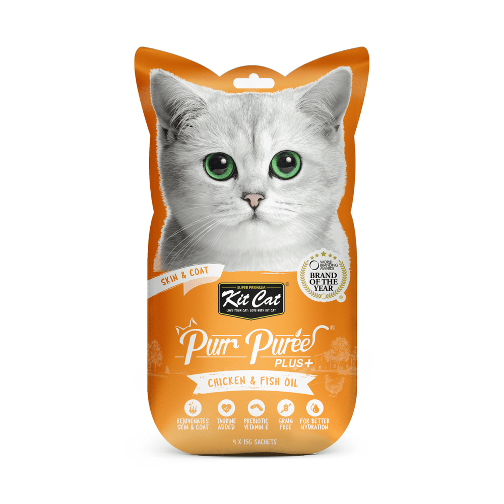 7.1.3DNEW_PURR-PUREE-FRONT_CHICKENFISH-OIL Kit Cat Purr Puree Plus+ Chicken & Fish Oil (Skin & Coat) - Shaking Tails