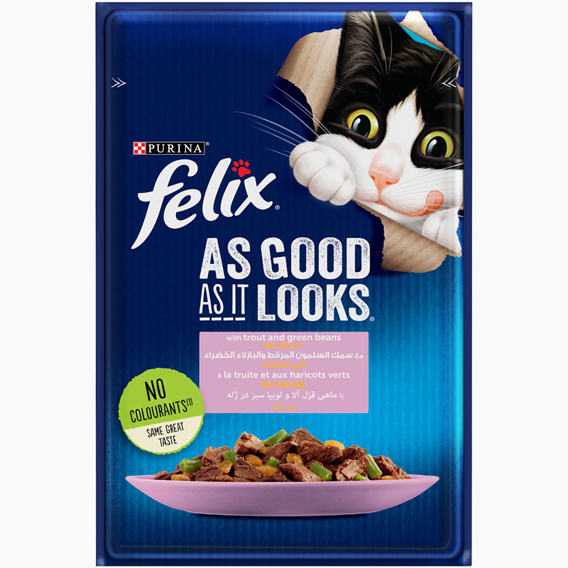FELIXAGAILGiJTrout_GrnBPch_85g_1 Purina FELIX As Good As it Looks with Trout and Green Bean in Jelly Wet Cat Food - Shaking Tails