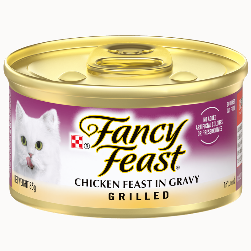 FFGrilledChickenFeastFront Purina FANCY FEAST Grilled Chicken Feast in Gravy Gourmet Cat Food - Shaking Tails